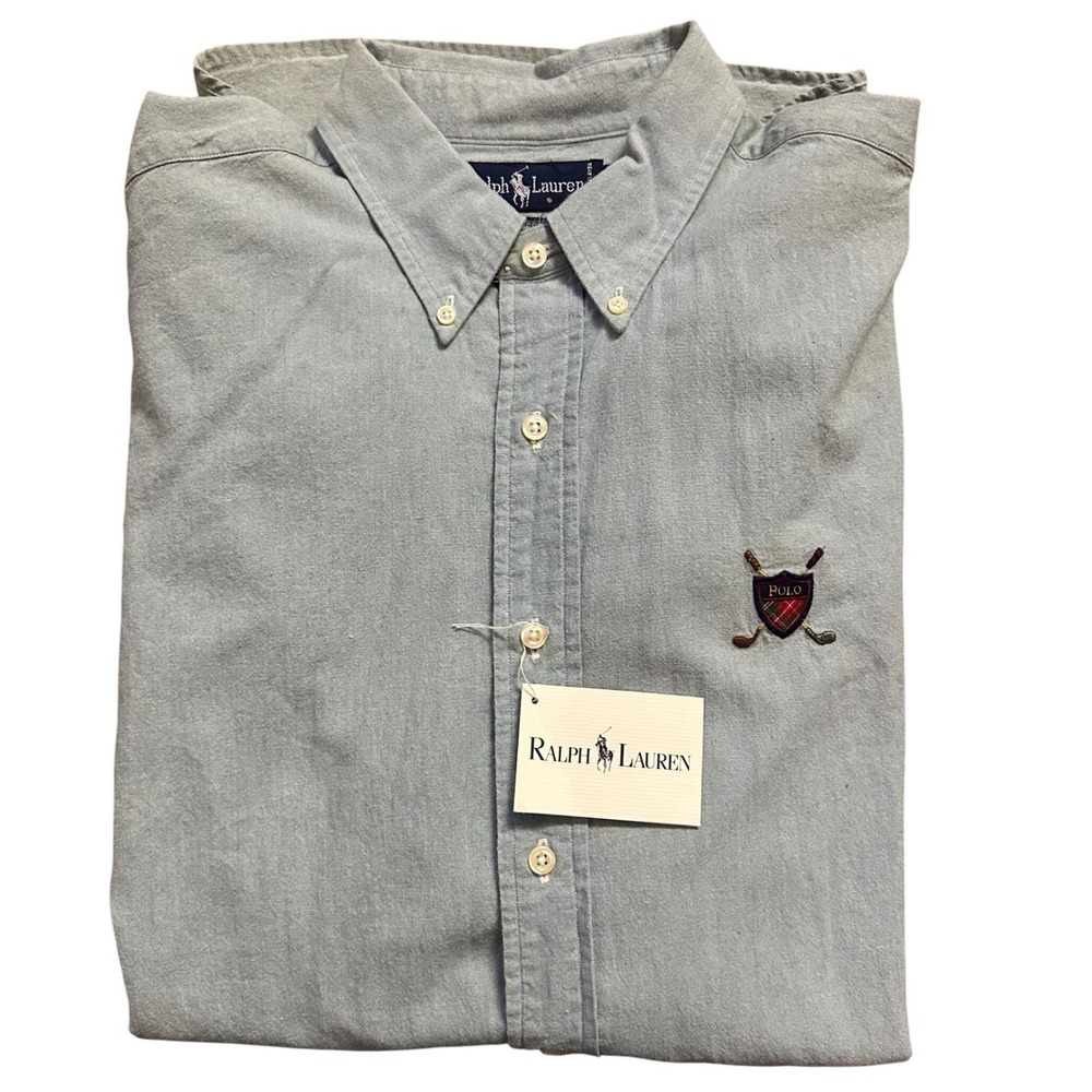 Vintage 90s Polo Ralph Lauren Chambray Shirt Men L Plaid Crest Logo NWT USA